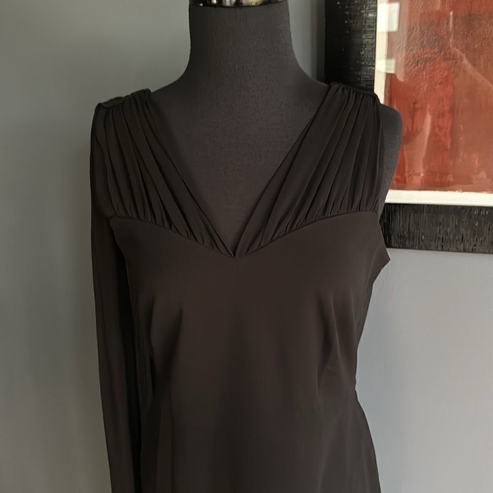 DKNY black chiffon sweetheart neckline sheer gathered shoulder draped back maxi - Picture 2 of 8